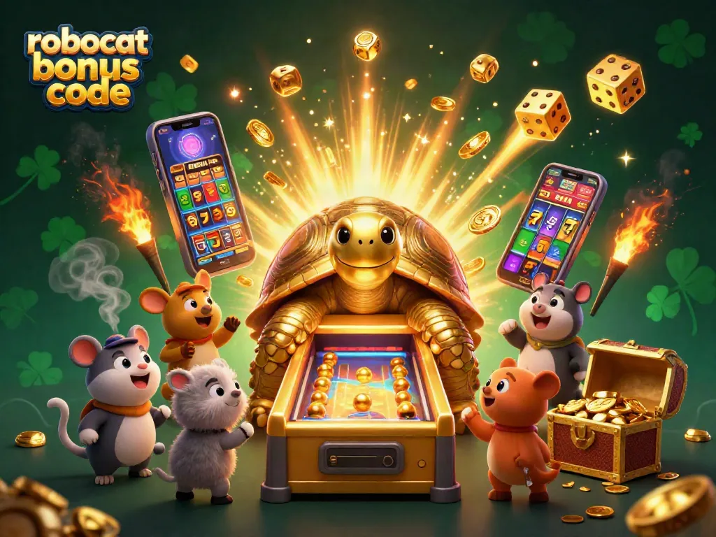 Activate the robocat bonus code to win at the exciting casino games featured in this vibrant 3D scene.