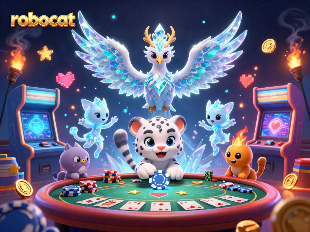 Engage in fun gameplay with robocat at the vibrant casino scene featuring poker elements.