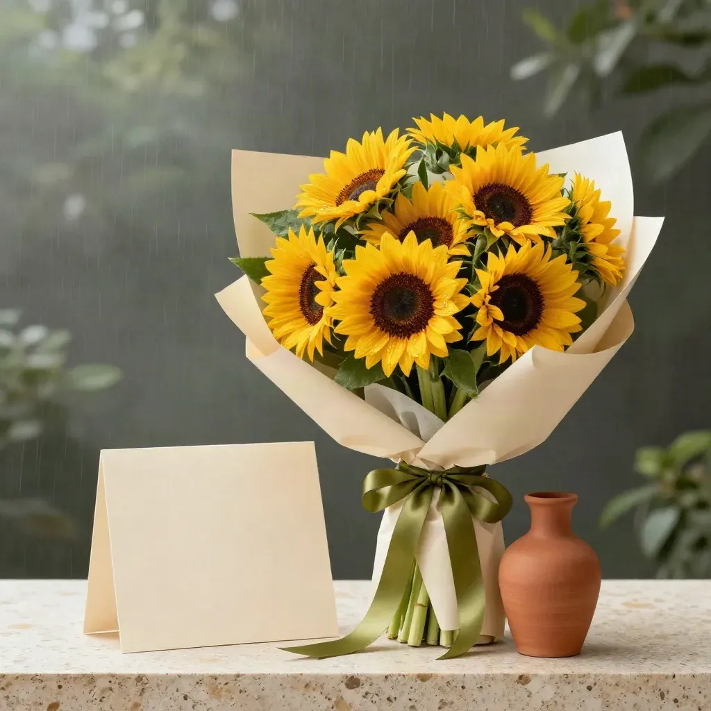 Ramo de girasoles premium sobre travertino con tarjetón crema y jarrón terracota.