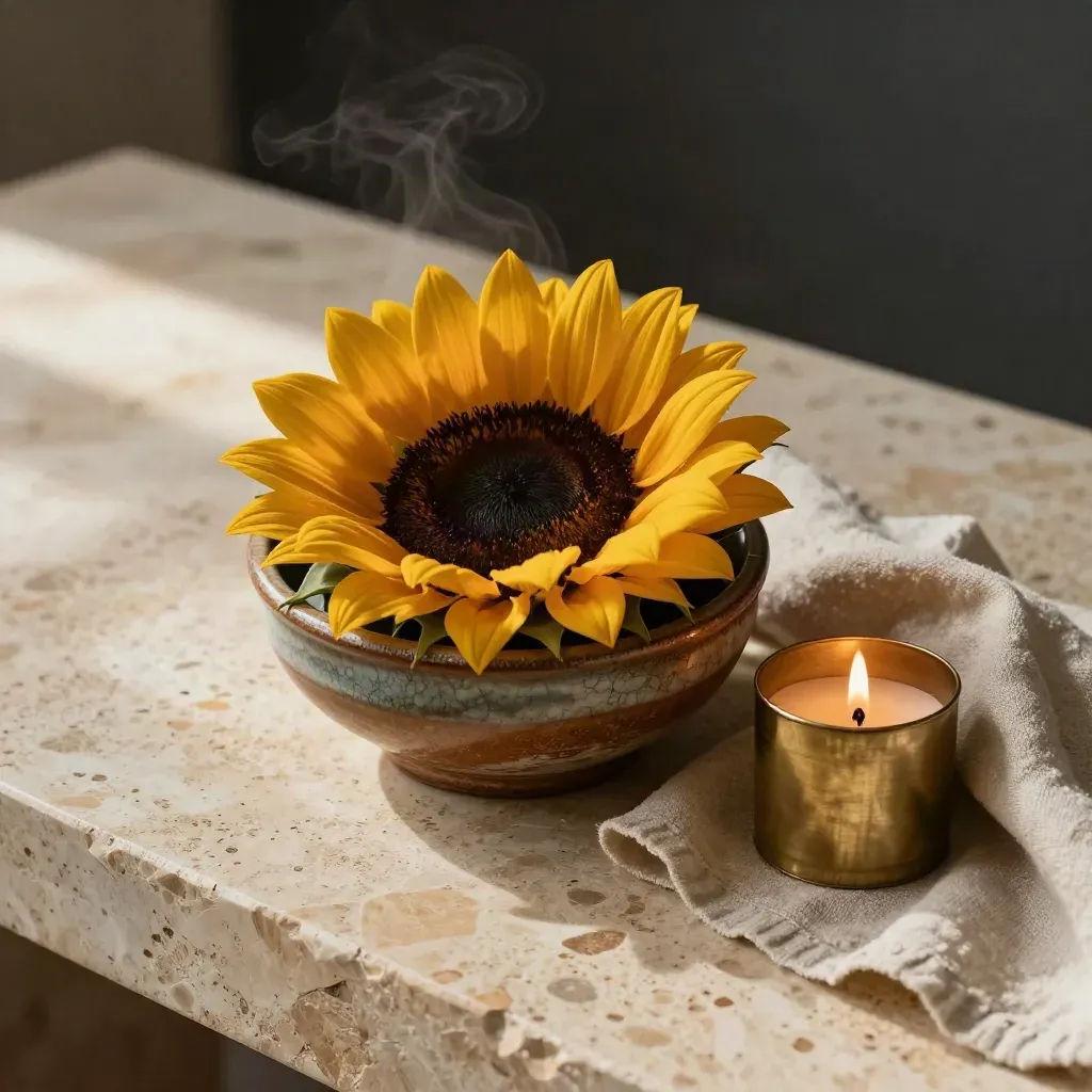 Centro de mesa con girasoles, cuenco cerámico envejecido, lino y vela de latón.