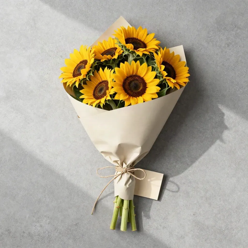 Ramo de nueve girasoles envuelto en crema con cuerda verde oliva sobre hormigón gris.