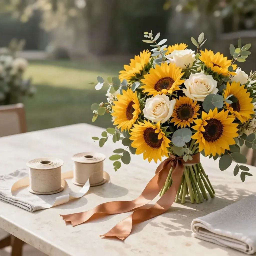 Ramo de girasoles para boda con centros bajos, cintas marfil y lino sobre mesa de travertino.