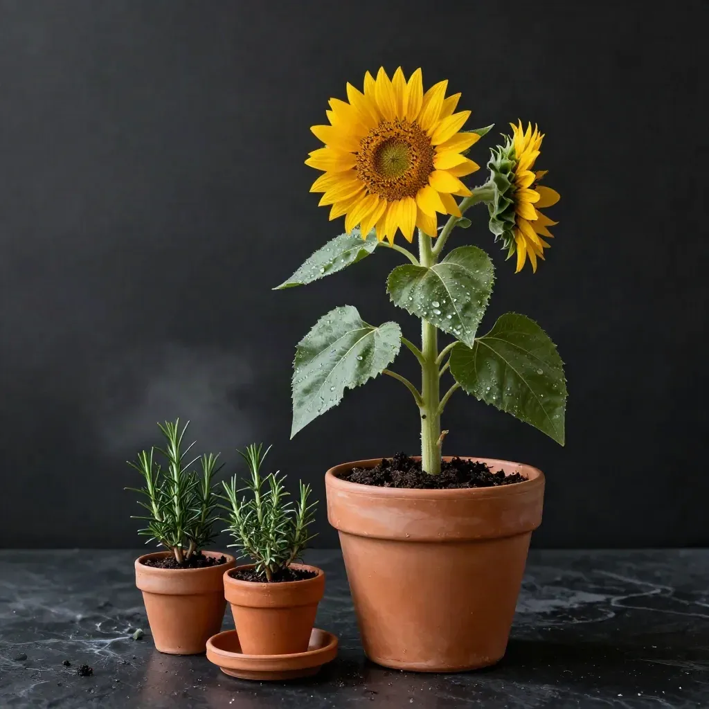 Planta de girasol en maceta de barro con rocío, dos macetas pequeñas y bandeja de riego.