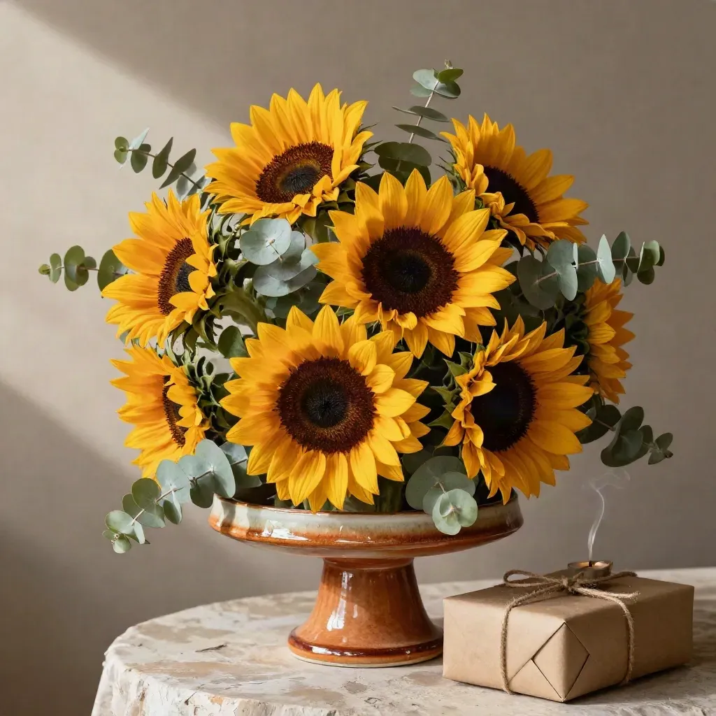 Arreglo de girasoles de cumpleaños en cerámica, con regalo envuelto y vela humeante.
