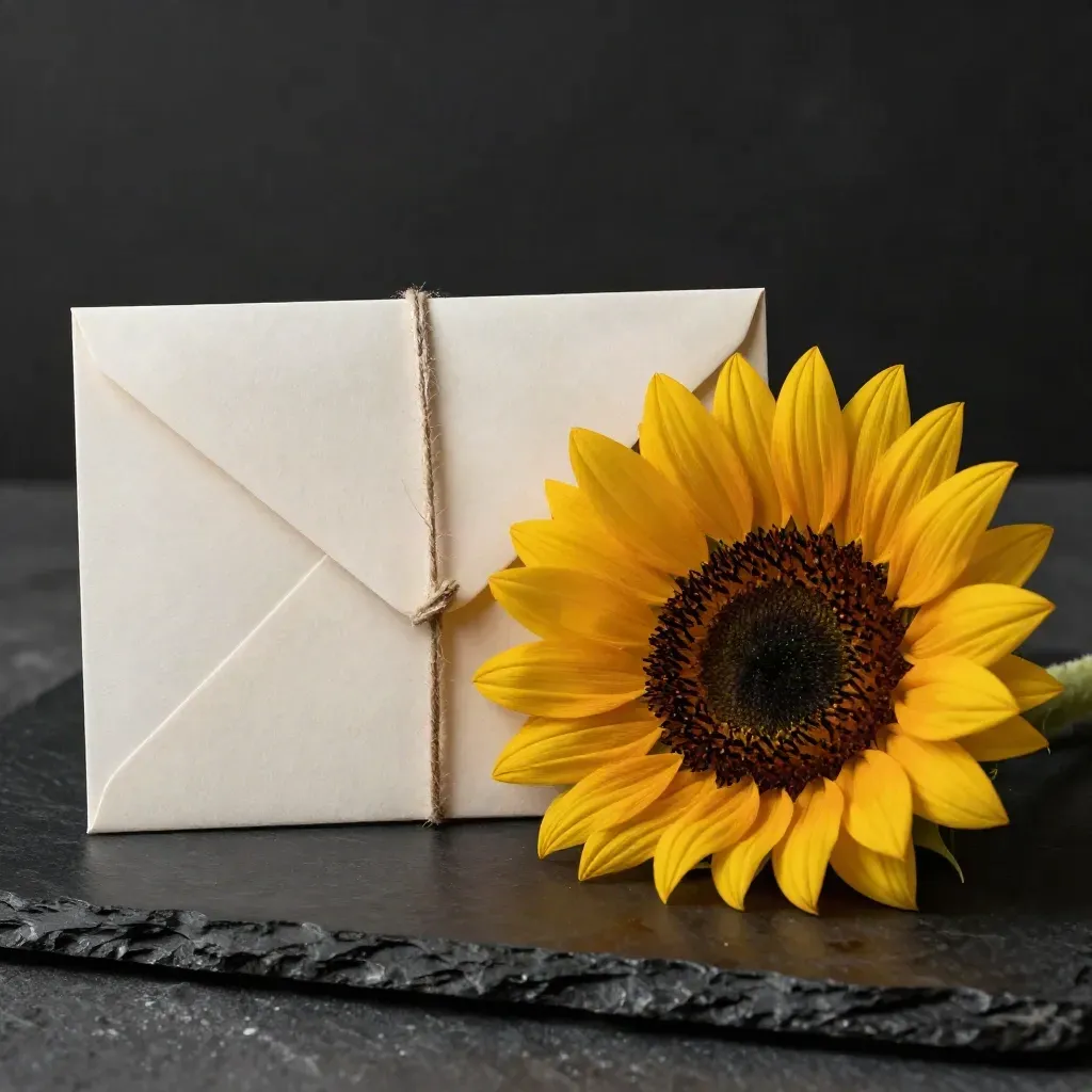 Tarjeta regalo en sobre marfil con cordel oliva y un girasol sobre fondo oscuro.