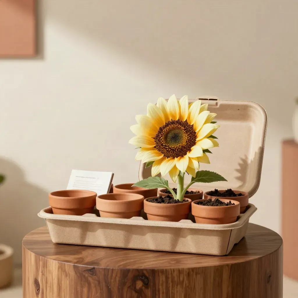 Kit de cultivo de girasol abierto con macetas, sustrato y guía sobre peana cálida.