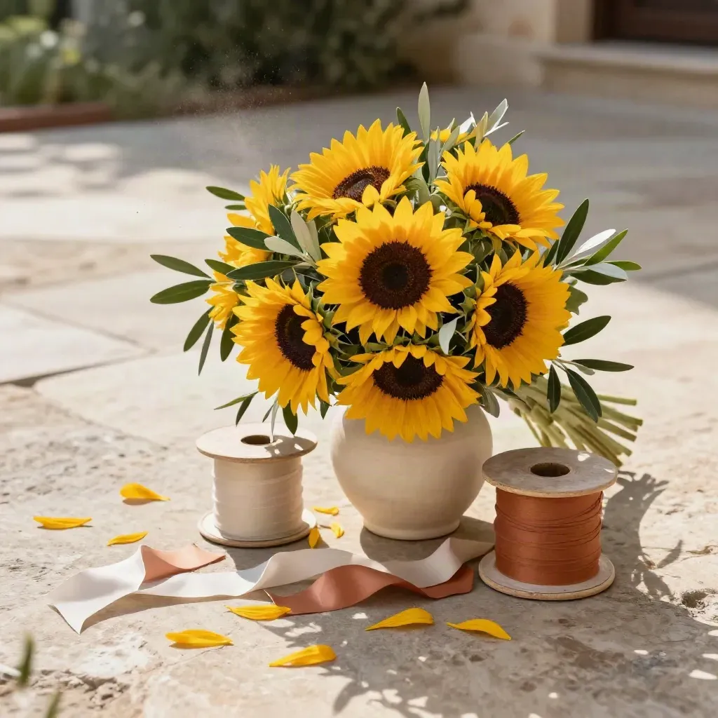 Ramo nupcial de girasoles, centros y cintas sobre terraza de piedra con pétalos al viento.