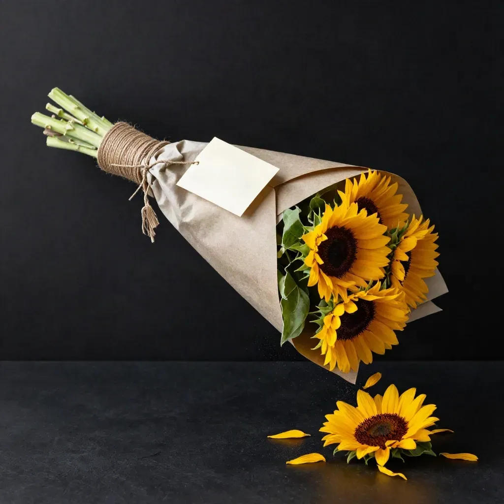 Ramo de girasoles con cinta y tarjeta en una sling de lino sobre fondo oscuro