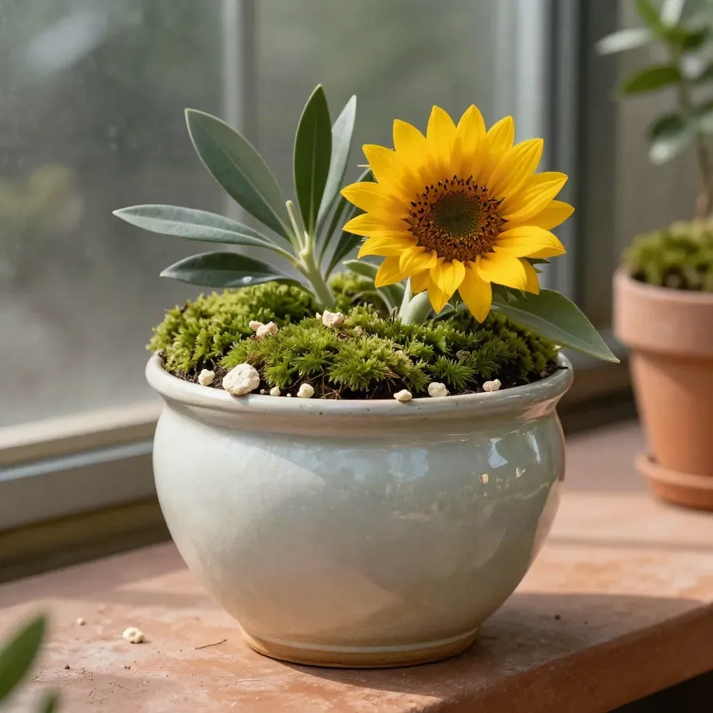 Maceta cerámica pálida con girasol doble, musgo y hojas verdes en luz suave.