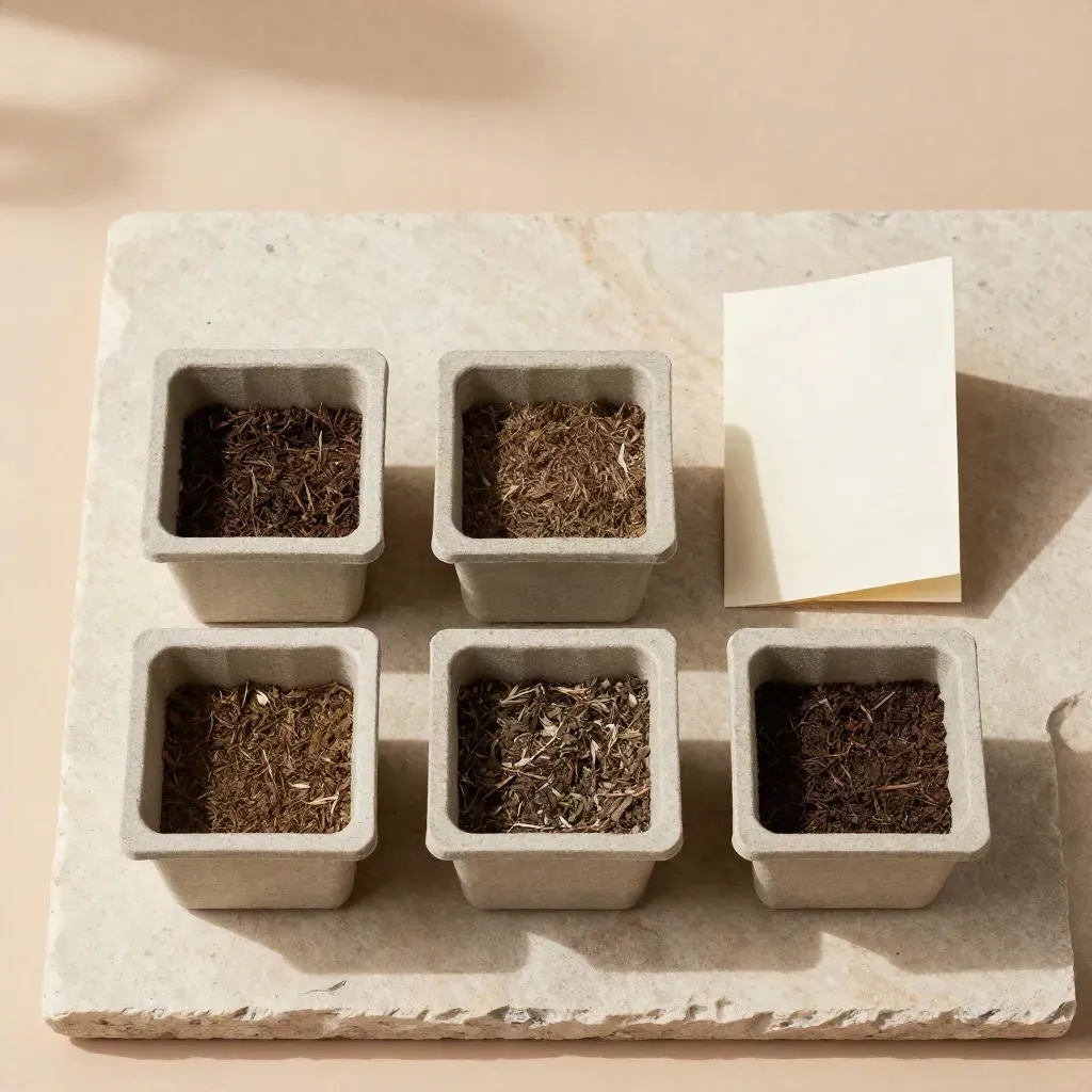 Kit de huerto solar con tres semilleros, cubos de sustrato y guía plegada sobre piedra.