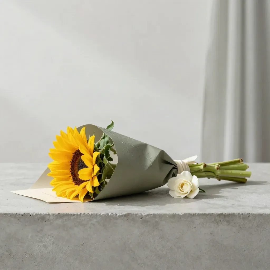 Ramo elegante de girasoles con envoltorio oliva y boutonnière marfil sobre fondo de estudio.