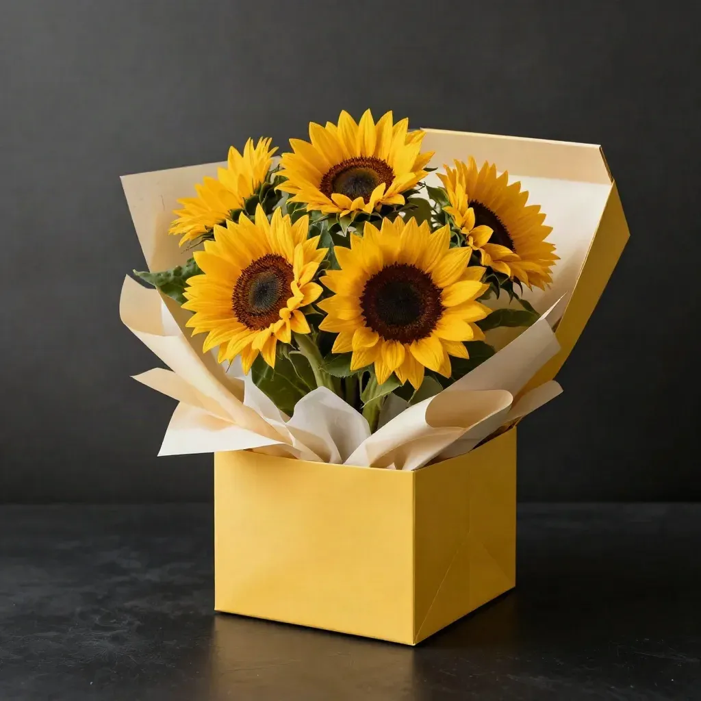 Caja regalo amarilla abierta con girasoles, papel de seda y tarjeta sobre fondo oscuro de estudio.