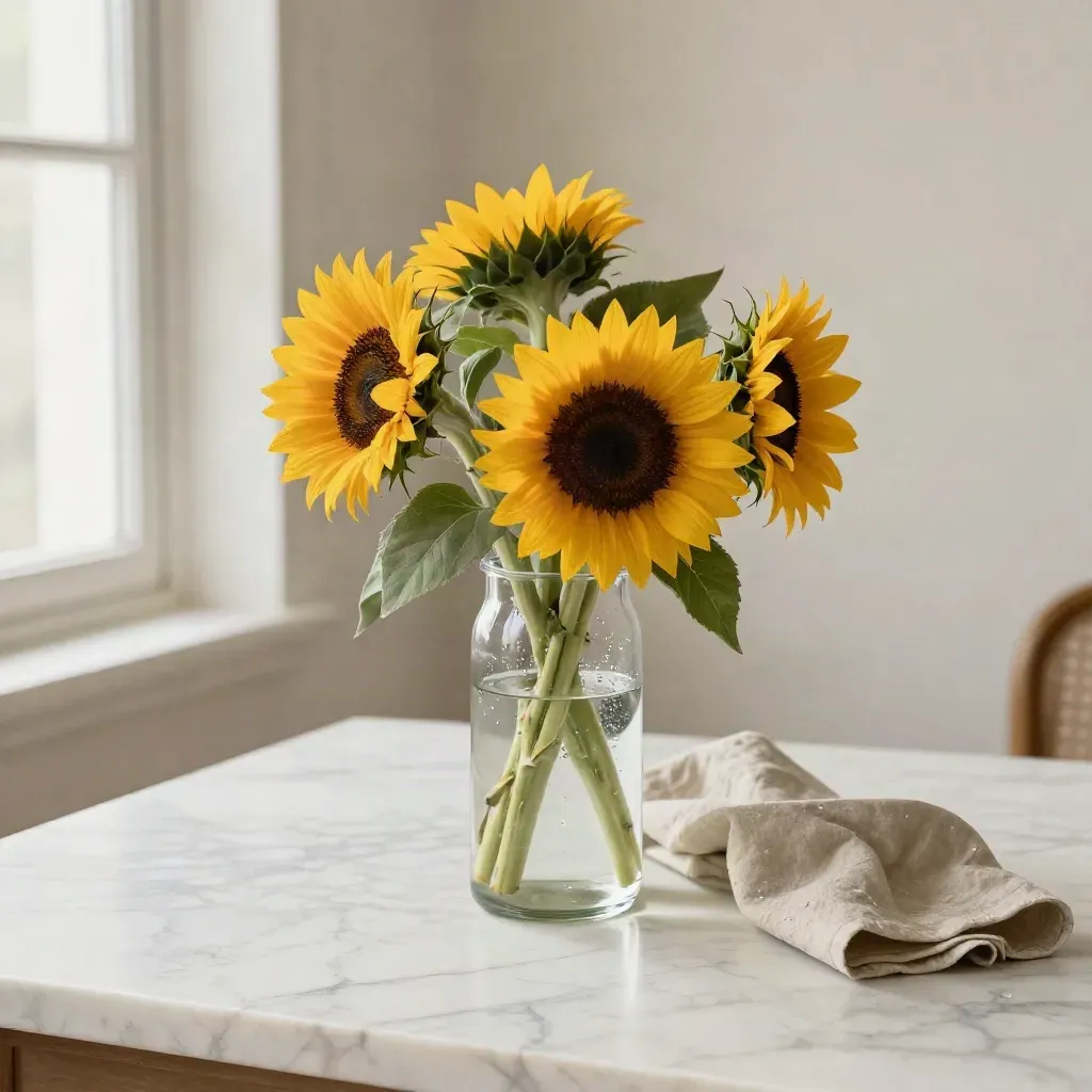 Centro de mesa con girasoles y lino sobre mármol junto a una ventana.