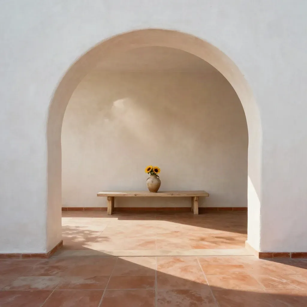 Arco de patio de estuco con suelo de terracota, banco y un jarrón lejano de girasoles.