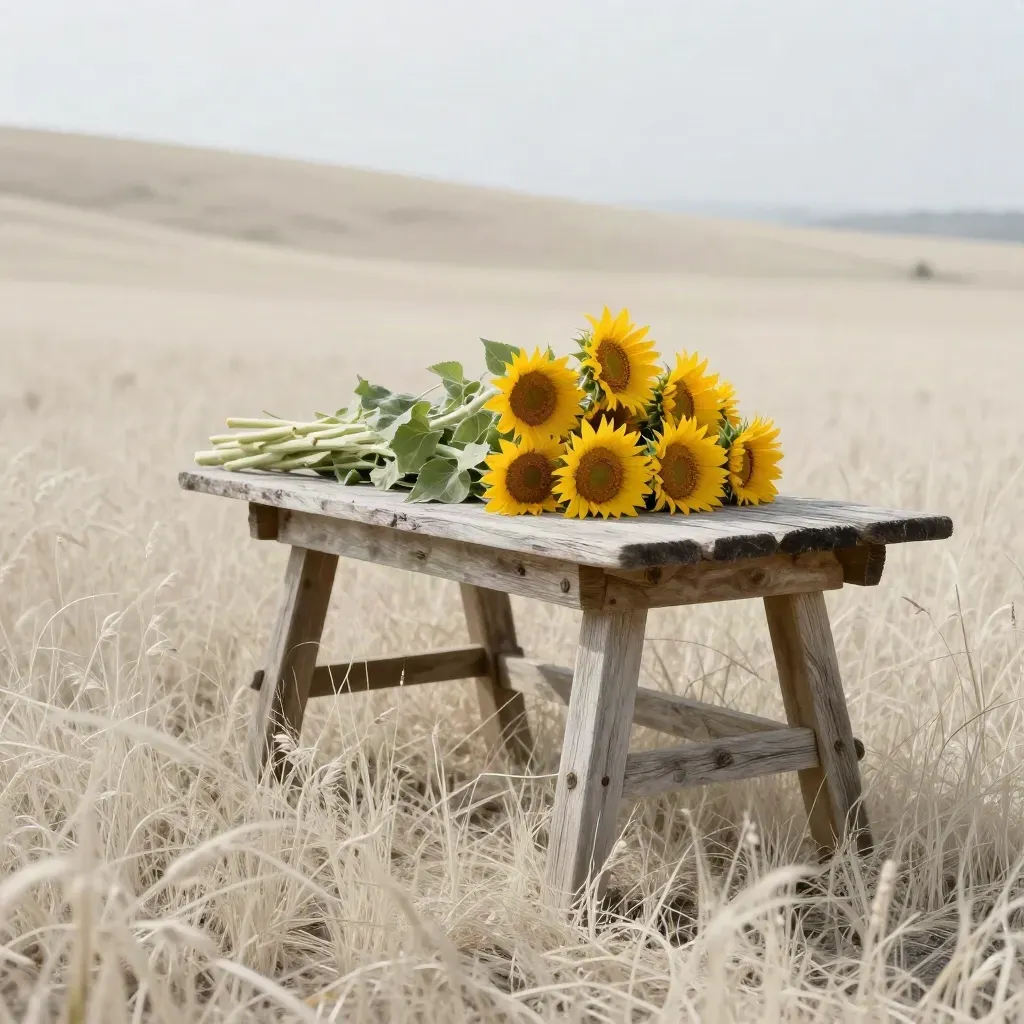 Pradera con girasoles cortados y mesa rústica bajo luz suave.