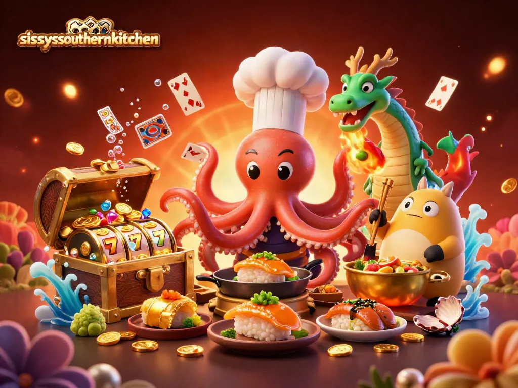 Sissy's Southern Kitchen transforms into a vibrant casino scene with a sushi chef octopus and dynamic gaming elements.
