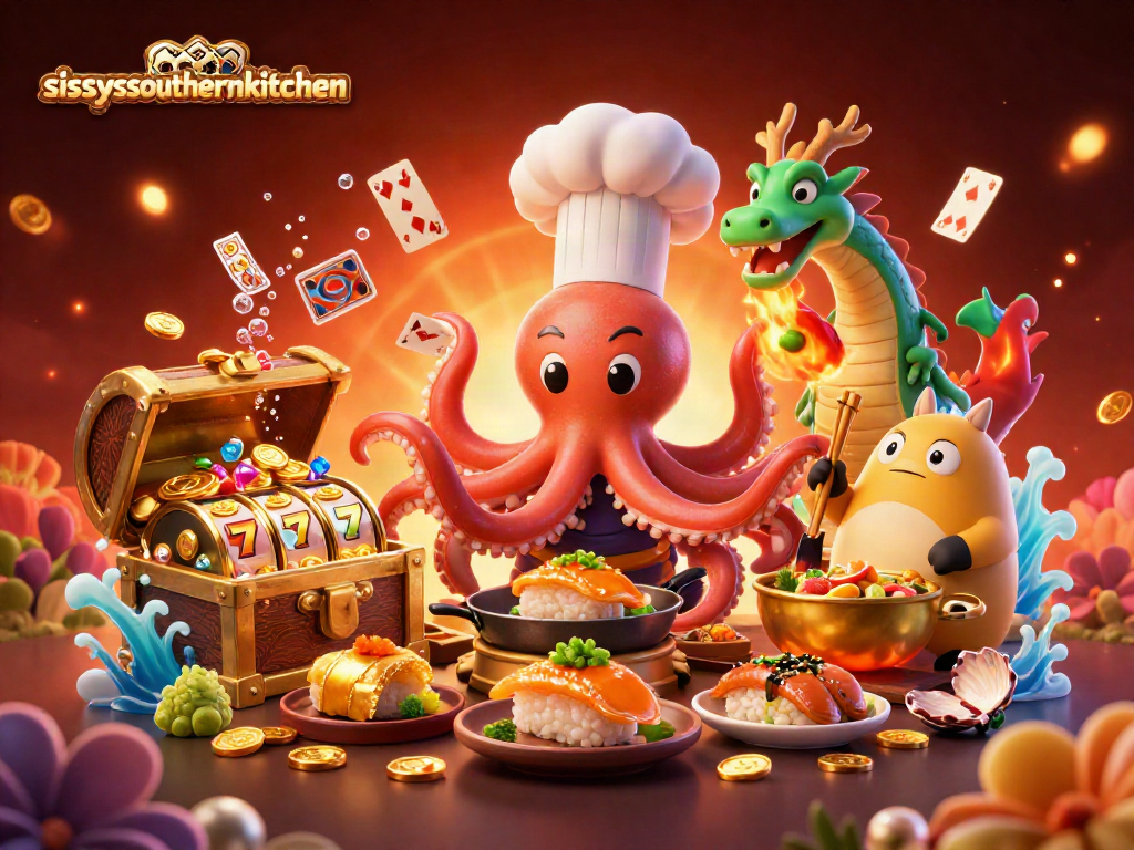 Sissy's Southern Kitchen transforms into a vibrant casino scene with a sushi chef octopus and dynamic gaming elements.