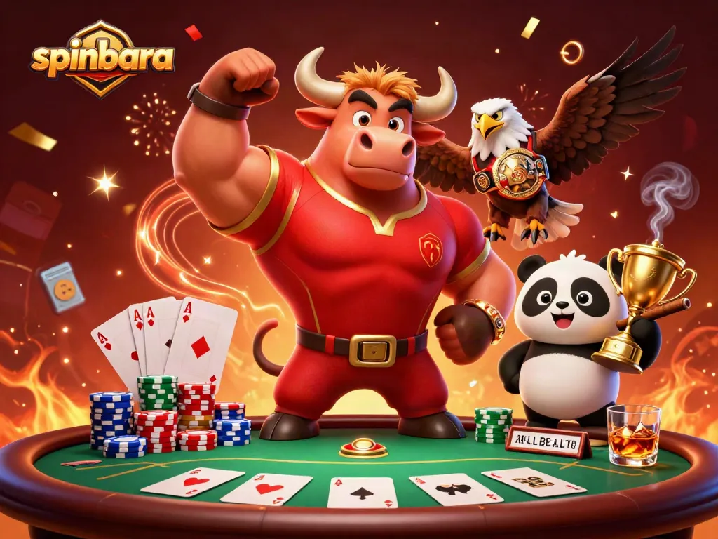 Win big at spinbara with vibrant casino characters celebrating success and game elements.